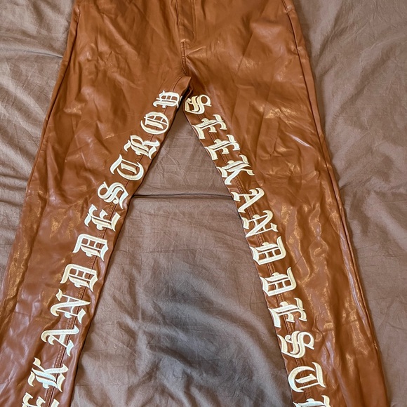 Brown Leather Pants with White Lettering - Picture 1 of 1